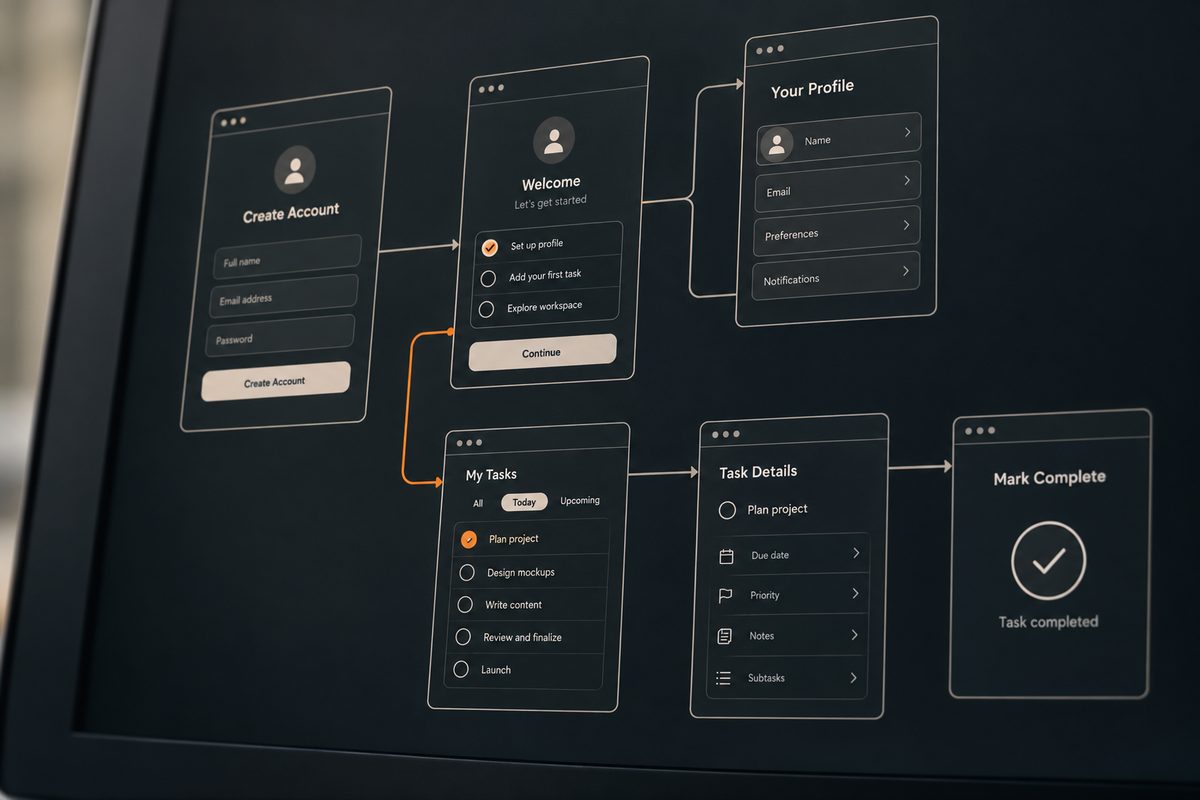 Connected interface screens in a prototype workflow